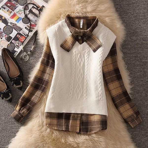 

women's tracksuits 2021 women autumn winter chic sweater vest 2 pcs sets lady o-neck knitted + bow plaid shirt set female casual slim s, Gray