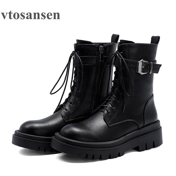

boots sho lace up chunky motorcycle for women rubber sole fashion metal buckle combat with heel platform spring autumn, Black