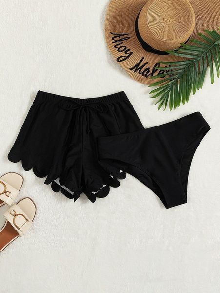 

2pack solid scallop trim bikini bottom with swim shorts 59fa#, White;black