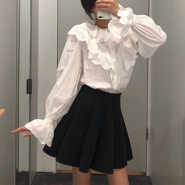 

women casual embroideried blouse long sleeve ruffles lady cotton shirt female single-breasted blouses 2021 women's & shirts, White