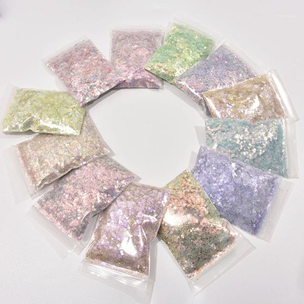 

50g/bag laser mixed size hexagon nail glitter powder sequins shiny colorful flakes charm dust for art decoration c/p61, Silver;gold