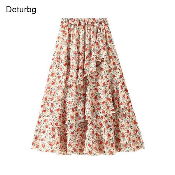 

women's sweet ditsy floral print midi skirt korean female high waist chiffon irregularly tiered skirts faldas 2021 summer sk753, Black