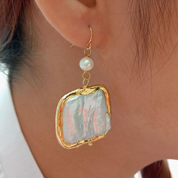 

natural white square keshi pearl gold color plated hook earrings luxury style for women, Golden