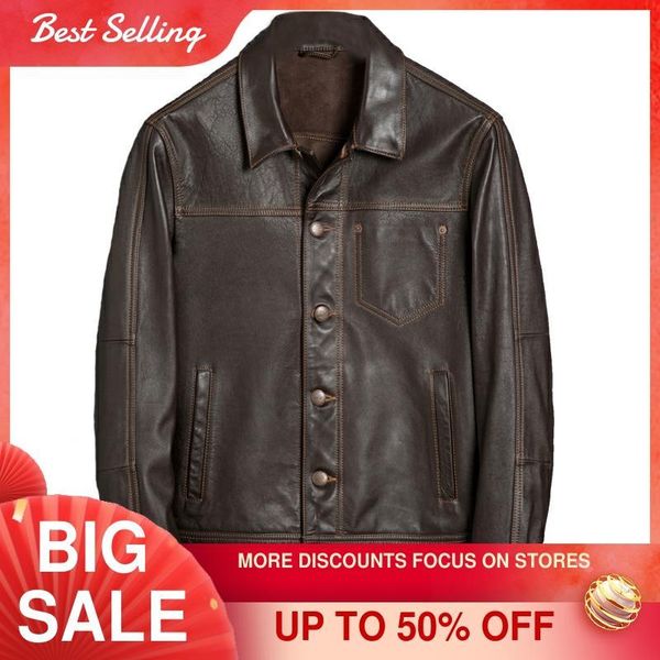 

brown men casual style genuine leather jacket large size 3xl real natural baby cowhide spring slim fit short coat men's & faux, Black