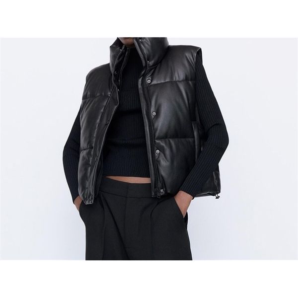 

autumn winter women black warm faux leather vest coat casual zipper sleeveless jacket female short cotton outwear ladies 211101, Black;white