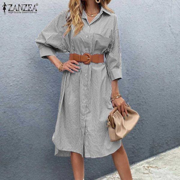 

womens striped print vestidos 2021 autumn lapel ol robe femme female fashion elegant dresses oversized zanzea midi shirt dress y1006, Black;gray