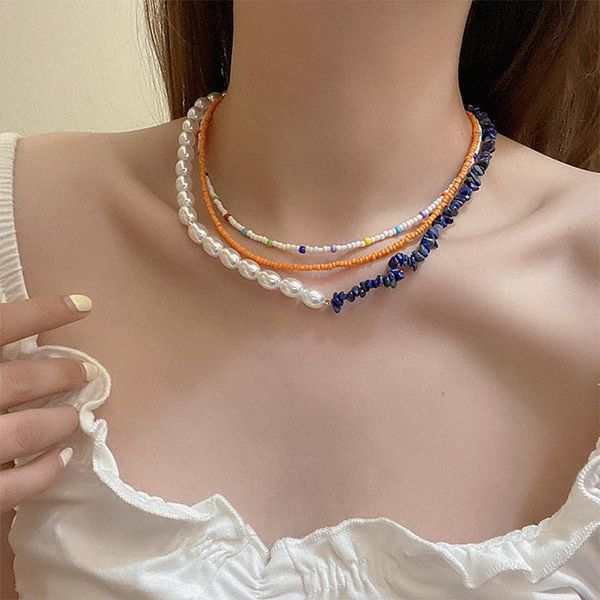 

chokers ghidbk white pearl women's necklaces cute multi color summer beads necklace crystal layered natural stone gift, Golden;silver