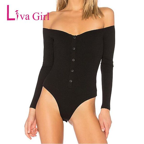 

women's jumpsuits & rompers liva girl black plue size bodycon bodysuit for womens spring off shoulder long sleeve jumpsuit mujer button, Black;white