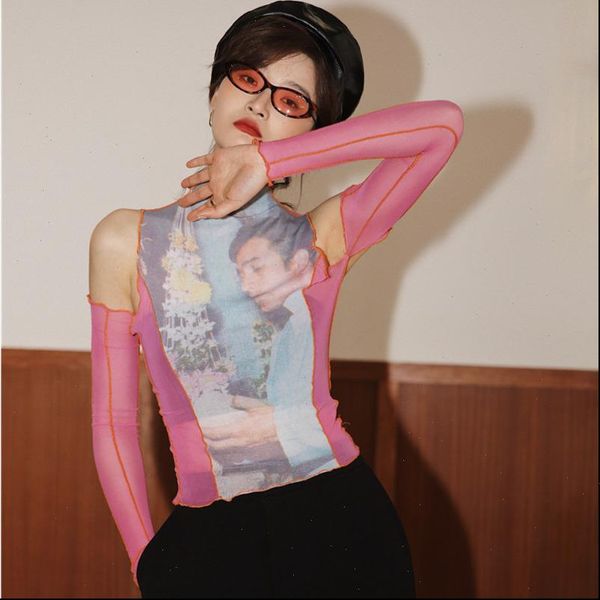 

womens stand collar full sleeves off the shoulder printing elastic t shirt female wm17603 drop, White