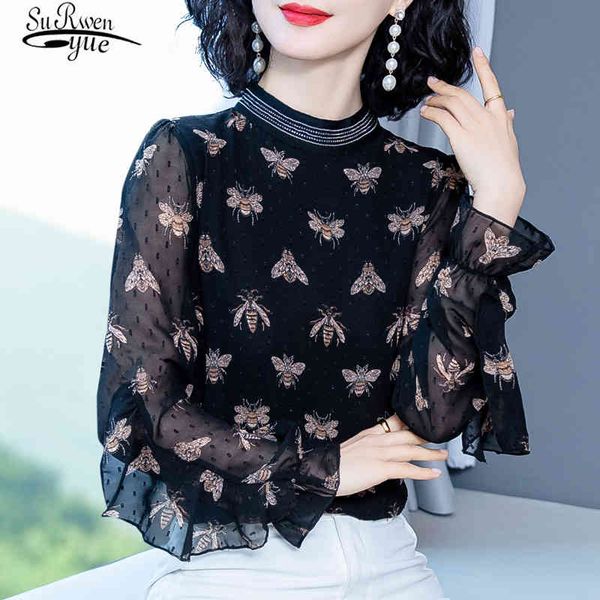 

spring long sleeve print blouse women vintage chiffon casaul plus size office lady clothes elegant blusas 9030 50 210521, White