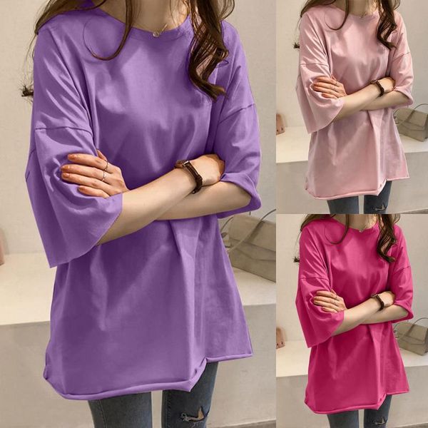 

women's t-shirt feitong t-shirts fashion casual solid round neck half sleeve loose tshirt streetwear female clothing, White