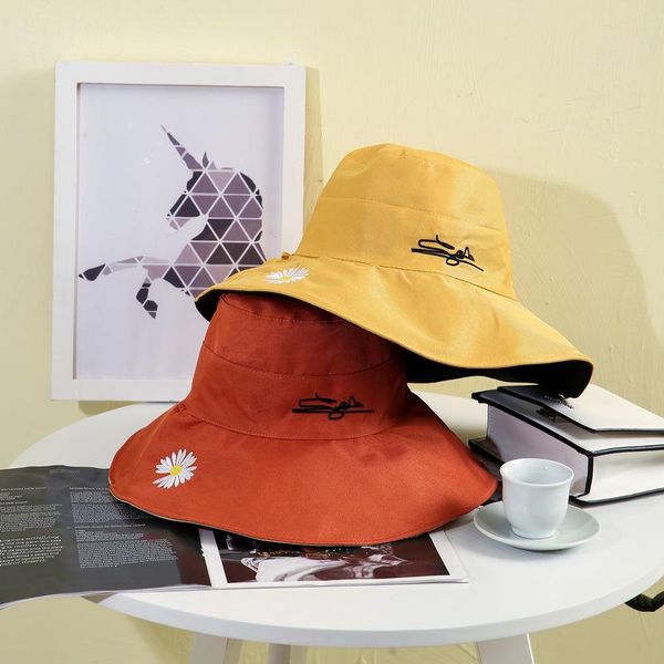 

wide brim hats summer autumn fisherman hat embroidered daisy bucket women double-sided korean style climbing outdoor sunscreen cap bob, Blue;gray