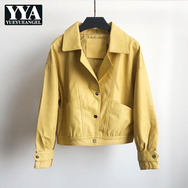 

women's jackets harajuku pu leather womens loose short korean boy friend style long sleeve single breasted lapel streetwear coats, Black;brown