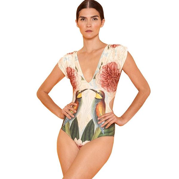 

one-piece suits plunge v neck women swmsuit one piece push up swimwear retro vintage sleeve monokini cut out bodysuit swimming beach we