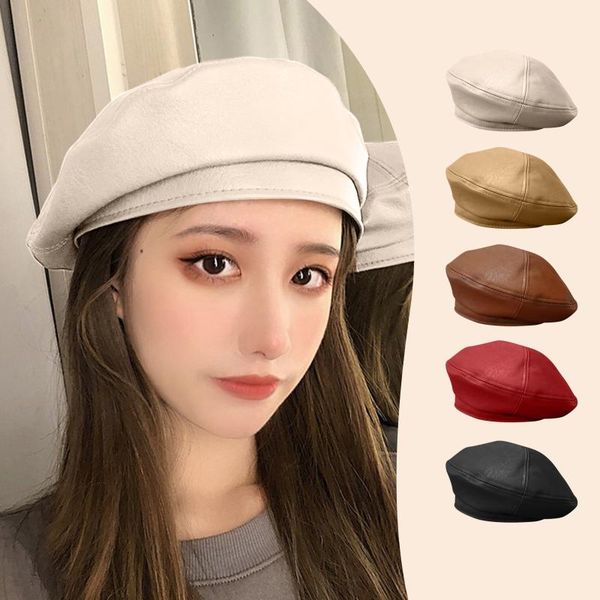 

berets women fashion beret solid cap pu leather french artist warm beanie hat female ladies all-match adjustable, Blue;gray