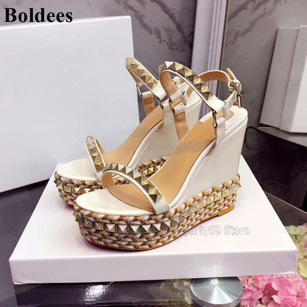 

designer thick platform women high heel wedges gladiator sandals wedge heeled rivet one belt sandalias mujer, Black
