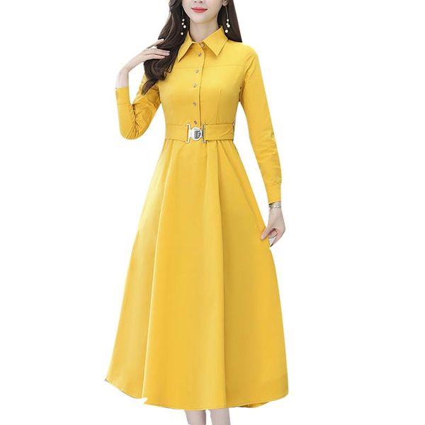 

women's spring autumn dress turn-down collar button sashes solid color long sleeve korean elegant 3320 casual dresses, Black;gray