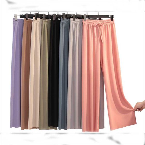 

women's pants & capris ice silk wide-legged summer high waist feeling girls students nine points straight skirt thin long trousers colo, Black;white