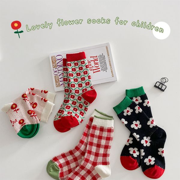 

children's socks autumn winter flower lattice twoway cute girls' combed cotton medium tube, Pink;yellow