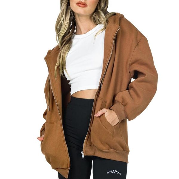 

women's hoodies & sweatshirts women solid color loose zipper up hooded jacket oversized casual sweatshrt autumn harajuku cardigan coat, Black