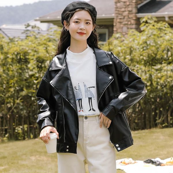 

women's leather & faux jacket women casual pu loose motorcycle jackets female streetwear zipper coat korean chic spring, Black
