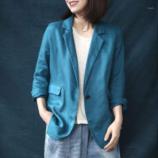 

arrival 2021 spring arts style women long sleeve loose casual blazers single button 100% linen solid blazer femme coat m278 women's sui, White;black
