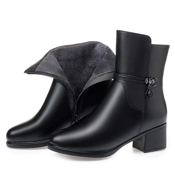 

100% natural full genuine leather inside plush wool winter boots women high heel shoes woman warm snow jzog, Black