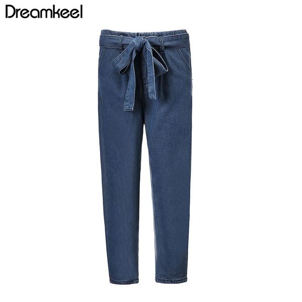 

nine-minute trousers women hight waisted loose bow bandage hole denim straight jeans stretch pants jean casual y women's, Blue