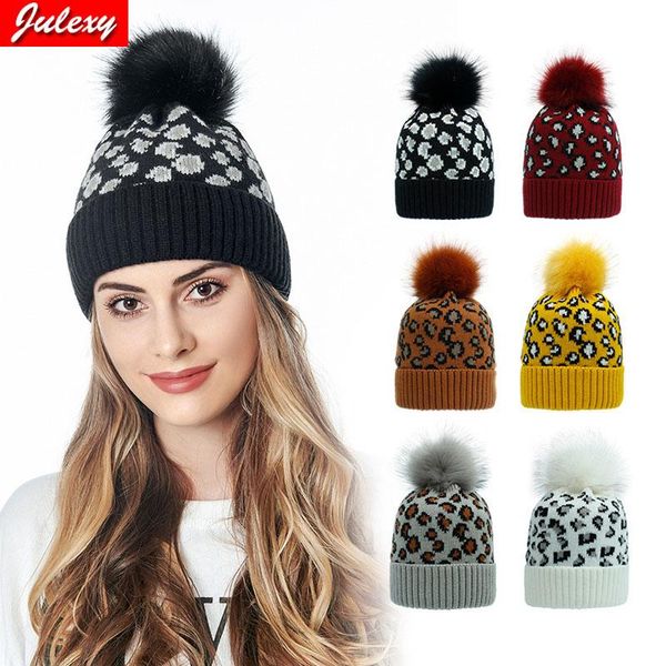

beanie/skull caps 2021uutumn and winter knitted hat women amazon ieopard print woolen knit fashion warm big hair ball, Blue;gray