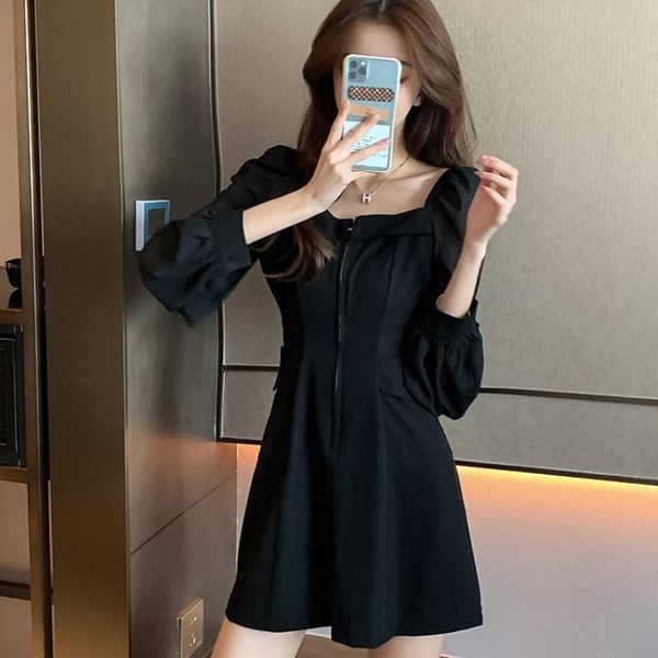 

casual dresses dress 2021 autumn french square collar waist slimming black short off shoulder robe kleid female, Black;gray