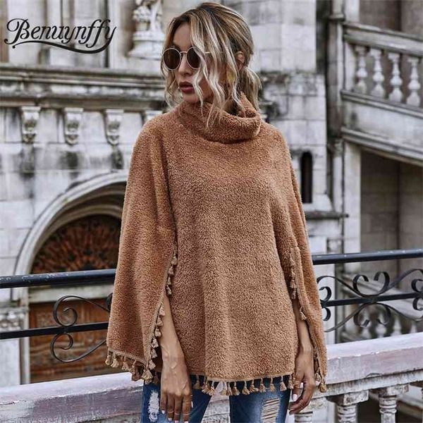 Elegante sólido peludo borla poncho mulheres outono inverno turtleneck capa capa capa casual outerwear casual 210510