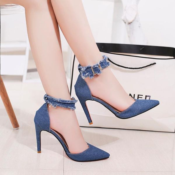 

dress shoes women high heels spring summer denim pointed toe classics thin pumps party mujer zapatos #180, Black