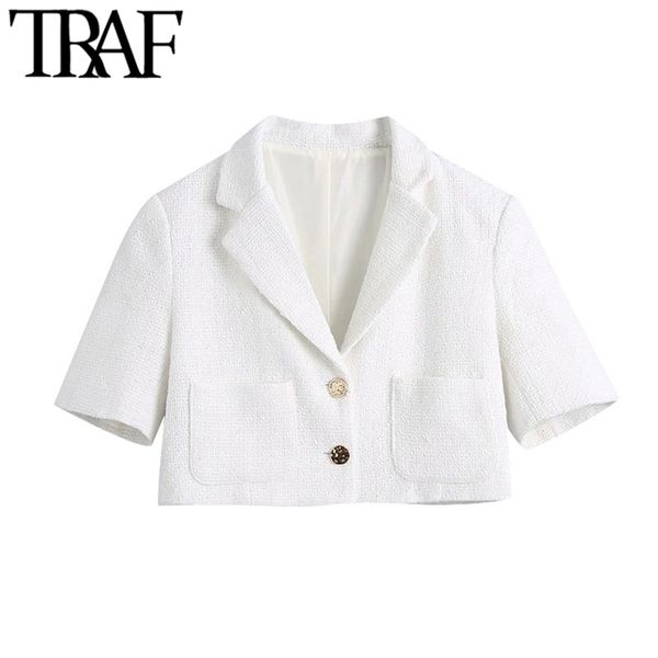 

traf women fashion metal button tweed cropped white blazer coat vintage short sleeve pockets female outerwear chic 211122, White;black