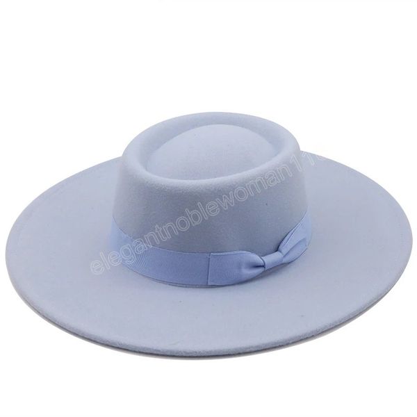 

winter autumn simple solid color wool felt jazz fedora hats with bow men women wide brim panama trilby caps lady flat hat, Blue;gray