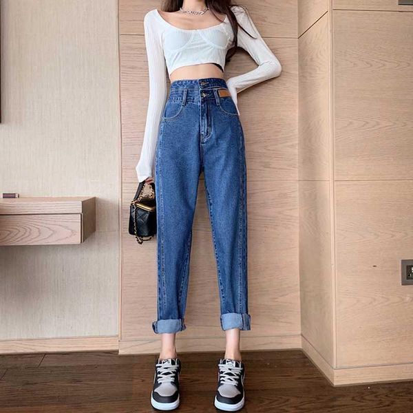 

women's jeans spring clothing special high waist hollow loose all-matching straight casual dad pants wide leg trousers, Blue