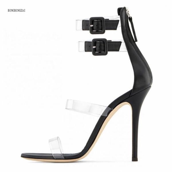 

sandals transparent net celebrity women's shoes fashion show 2021 genuine 12cm high heels large size 3-14 15, Black