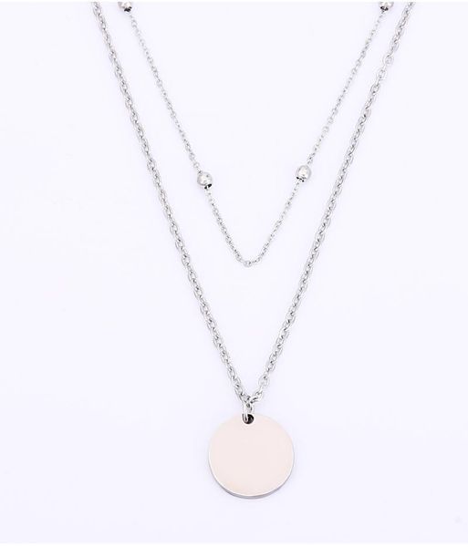 

100% stainless steel simple disc pendant necklace double strand layering bohemia style clavicle for women part chains, Silver