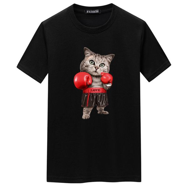 

large men's short sleeve t-shirt half boxing cat, White;black