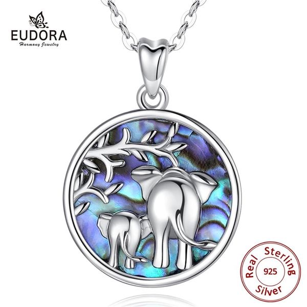 Eudora 925 Sterling Silber Elefant Mutter Baby Baum Anhänger Halskette mit Perlmutt Tier Blau edler Schmuck für Frauen