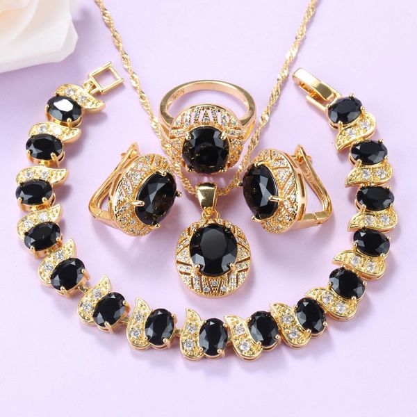 

jewelry sets wedding bridal big gold color african necklace for women black cubic zirconia charm bracelet and ring