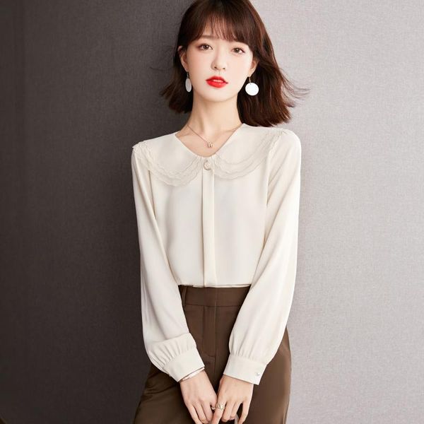 

women's t-shirt in 2021year doll collar elegant shirt long sleeve, White