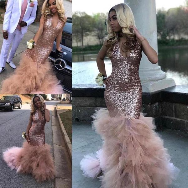 

party dresses sparkle rose gold sequined mermaid prom black girls 2k19 deep v neck ruched tulel skirt long evening gowns, White;black