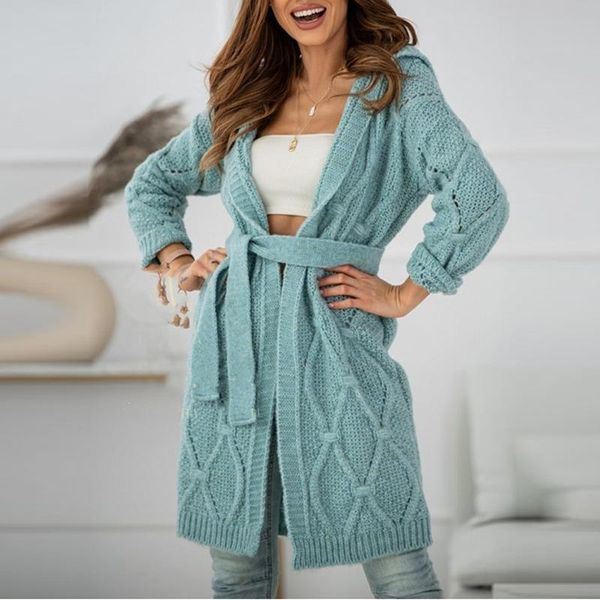 

women's knits & tees casual versatile mid-length sweater coat elegant solid belt women jackets autumn winter fashion loose knit hooded, White