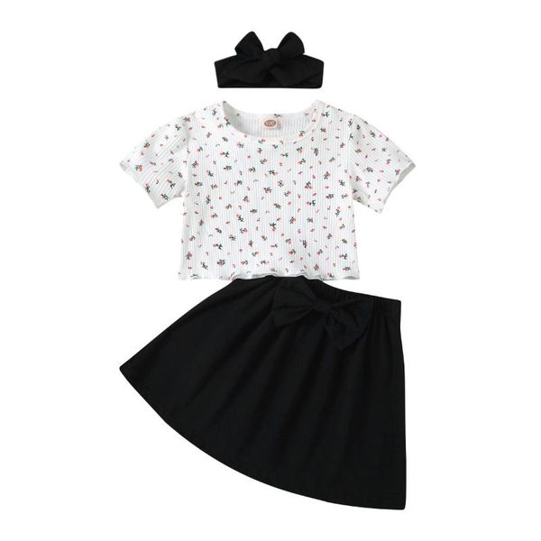 

infant baby girls fashion 3-piece outfit set short sleeve floral +bowknot solid color skirt+headband clothing sets, White