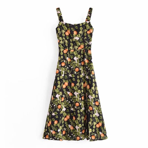 

retro lemon leaf print slits dress women square neck sling summer chiffon female prairie chic holiday robe 210514, Black;gray