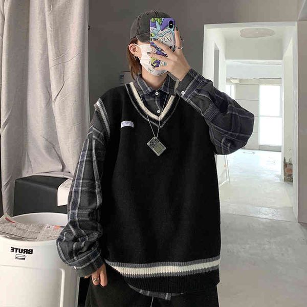 

men's vests ewq / fashion spring v-neck sleeveless solid knitted vest men loose casaul high street japanese version tide 9a2271 9awd, Black;white