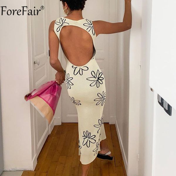 

2021 backless white summer women dress sleeveless midi bodycon y2k club print floral party dresses beach casual, Black;white