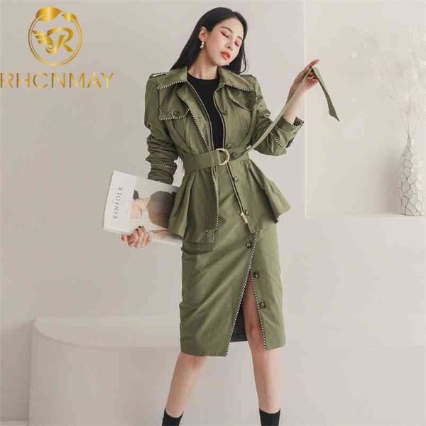 

skirt suits full sleeve zip coat +temperament slim high waist skirts solid casual vintage 2 pieces set 210506, White