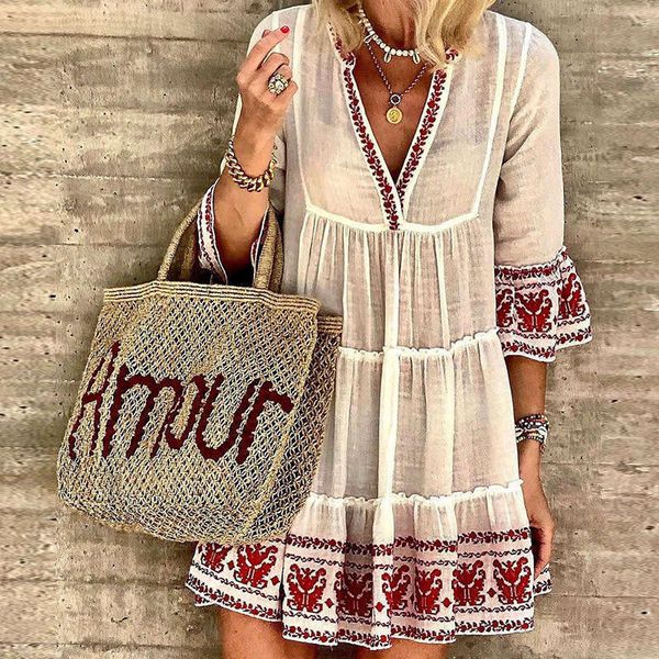 

summer style dresses casual commuter print v-neck dress cotton linen skirt, Black;gray
