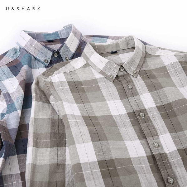

u&shark blue plaid shirt checkered casual shirts for men clothing long sleeve cotton button collared england style slim fit 210603, White;black